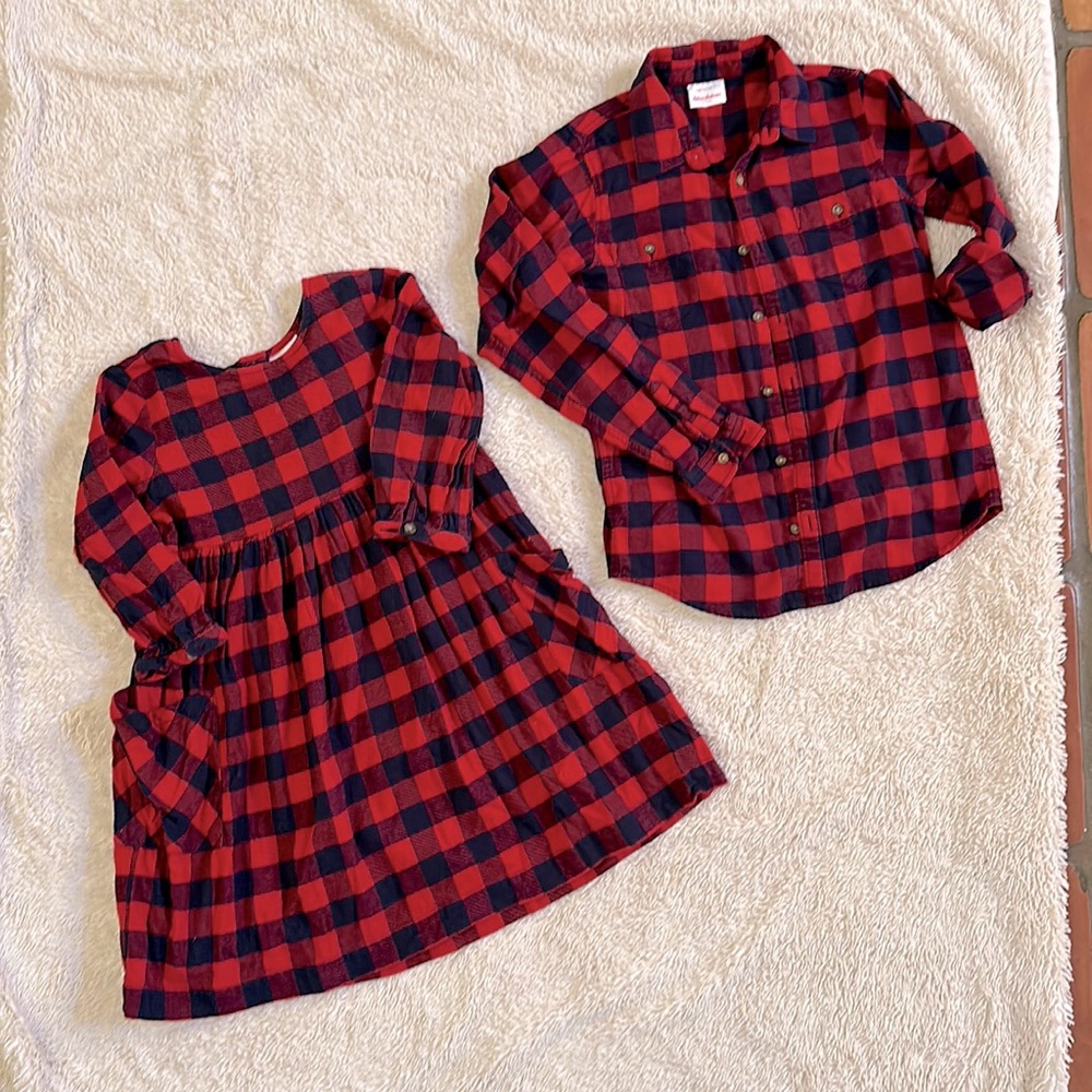 Hanna Andersson matching holiday plaid dress (size 10) and shirt (size 12)